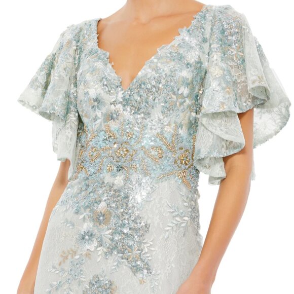 MAC DUGGAL 67842 BELL SLEEVE FLOAL EMBELLISHED SEAFOAM GREEN GOWN sz 14 - Picture 2 of 3